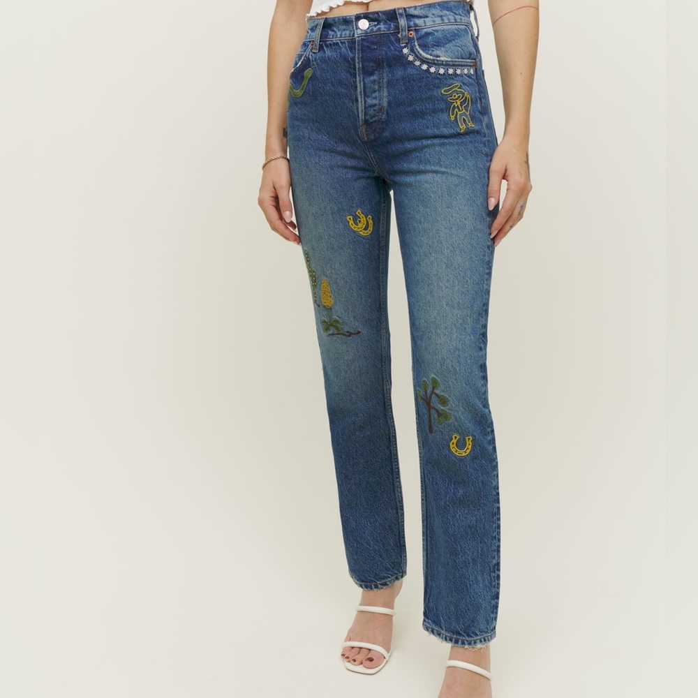 Reformation Handicraft Embroidered High Rise Straight Jeans
